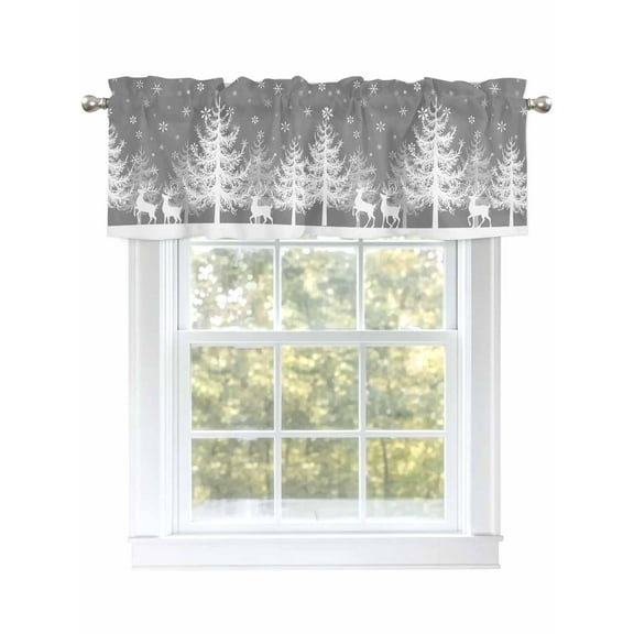 Winter White Elk Valances for Windows Christmas Tree Snowflake Gray Background Rod Pocket Curtains Valance Short Window Treatment Drapes for Living Room, Bedroom Bathroom 60" W x 14" L