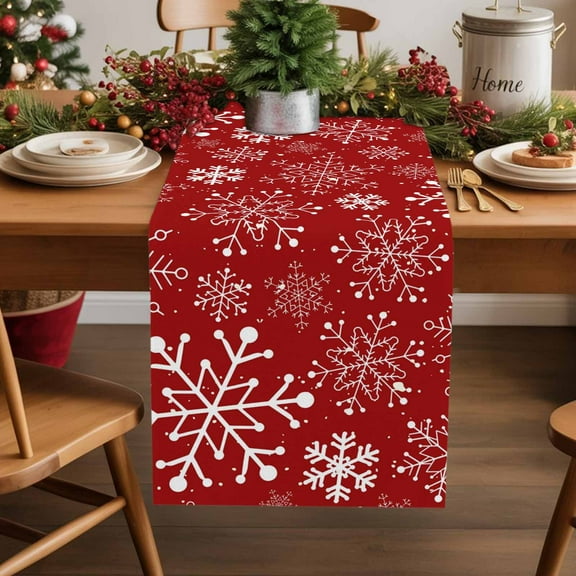 Winter White Snowflake on Red Table Runner 13x90in Non-Slip Cotton Linen Table Runners, Seamless Christmas Theme Dresser Scarves TableRunner for Dinner Kitchen Dining Wedding Party
