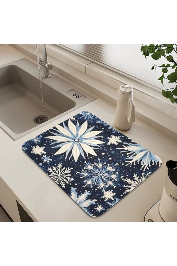 Winter White Snowflakes Dish Drying Mat for Kitchen Counter Absorbent Drainer Mats (15.7X11.8Inch)
