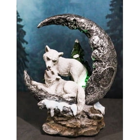 Winter White Wolf Couple In Snow Pine Trees Scene With LED Crescent Moon Statue
