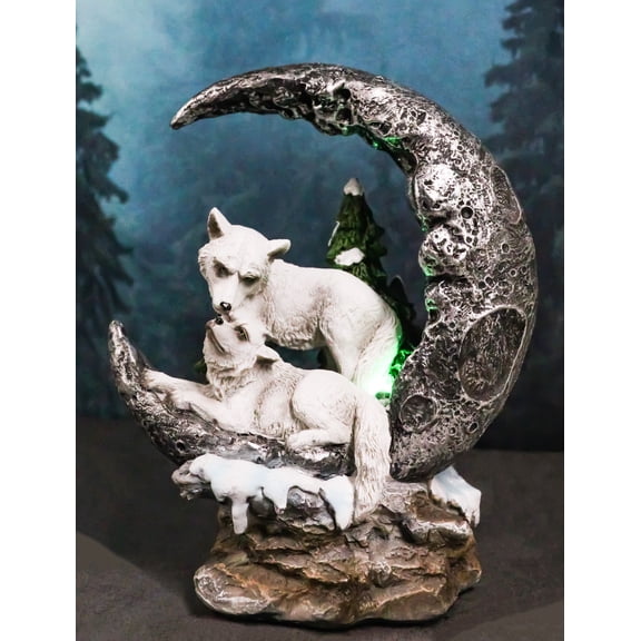 Winter White Wolf Couple In Snow Pine Trees Scene With LED Crescent Moon Statue