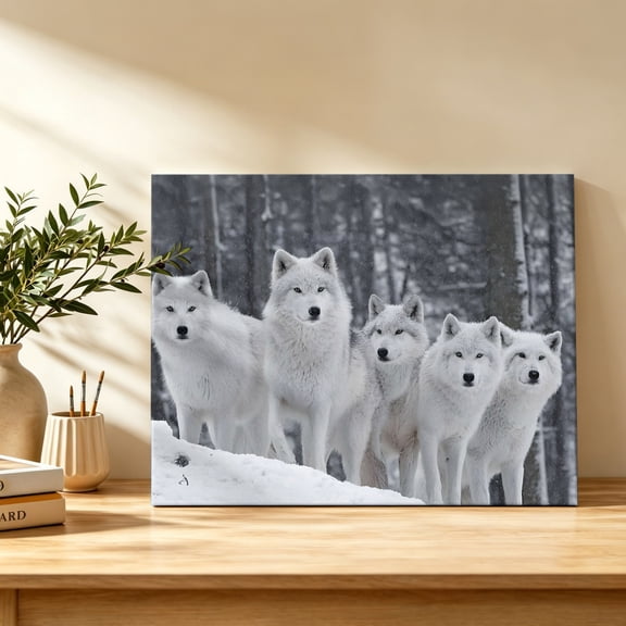 Winter White Wolves Canvas Wall Art, Country Forest Trees Wolf Snow Landscape Wall Art Prints Artwork Framed Canvas Ready to Hang Art Pictures for Bedroom Living Room Closet Kitchen 16" x 12"