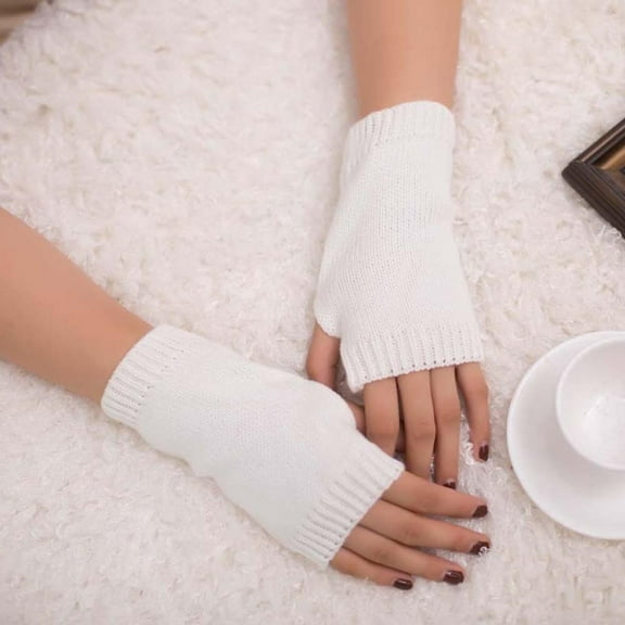 Winter White Women Girl Knitted Arm Fingerless Keep Warm Gloves Soft Mitten