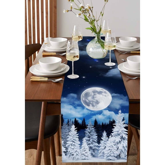 Winter Whiter Trees Table Runner 13x70in Non-Slip Cotton Linen Table Runners, Abstract Moon Landscapes Dresser Scarves TableRunner for Dinner Kitchen Dining Wedding Party