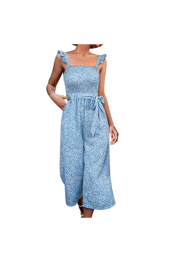 Winter Wide Leg Jumpsuit for Women Tie High Waist Floral Printed Rompers Overalls with Pockets Bohemian Casual Capri Outfits Pants
