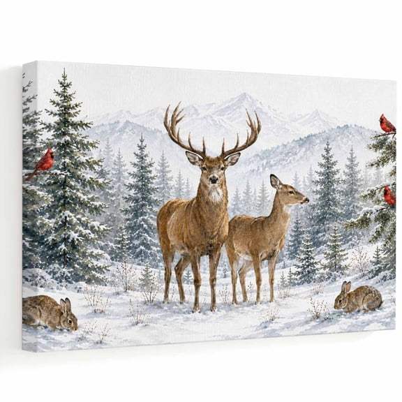 Winter Wildlife Canvas Wall Art, Rustic Reindeer Snowy Pine Forest Mountains Wall Art Prints Artwork Framed Canvas Ready to Hang Art Pictures for Bathroom Nightstand, Narrow Hallway 14" x 11"