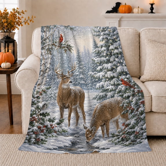 Winter Wildlife Deer Cardinals Snowy Forest Christmas, Peaceful Mountain Lake Scene, Warm Flannel Blanket for Cabin and Lodge, Outdoor Lovers Friendship Gift, Artistic Home Decor