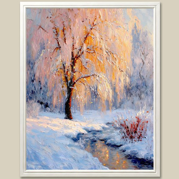 Winter Willow Tree Art Print Snowy Creek Sunset With Twinkle Lights Portrait Decor