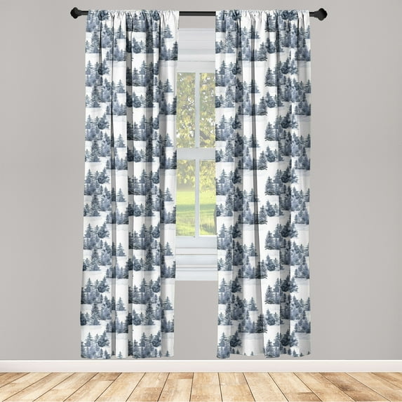 Winter Window Curtains, Retro Themed Oil Painting Style Pine Trees Snowy Weather Forest Landscape, Lightweight Decor 2-Panel Set with Rod Pocket, Pair of - 28"x63", Sea Blue Off White, by Ambesonne