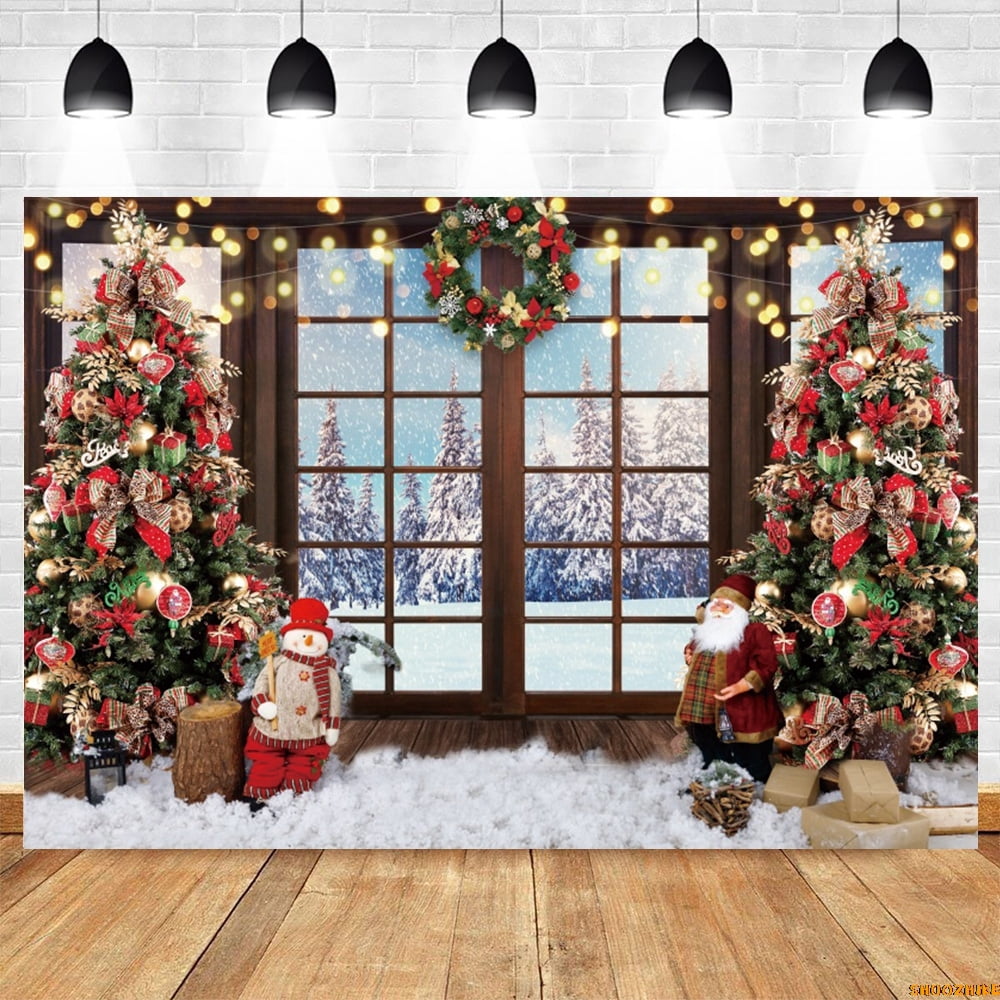 Winter Window Forest Backdrop Snow Sce Glitter Lights Pine Trees Xmas ...