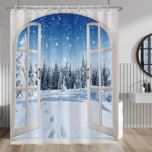 Winter Window View Shower Curtain Sets Natural Scenery Snowflake Forest Pine Trees Decorative Christmas Tree Shower Curtains with Hooks for Waterproof Polyester Bath Bathroom 72x84 Inches