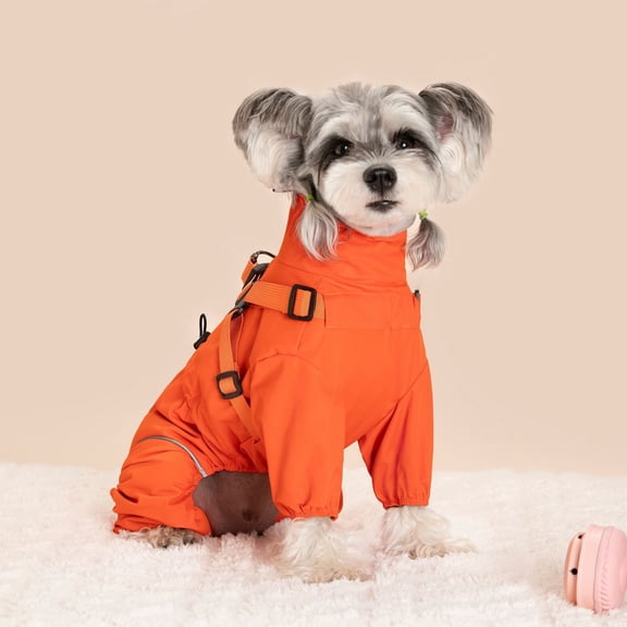 Winter Windproof Dog Trench Coat Four-Legged Pet Warmwear With Integrated Harness For Cold Weather(Orange-S)