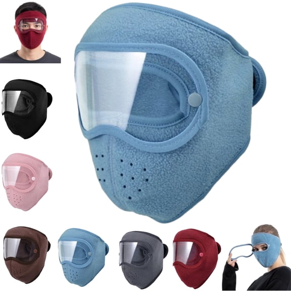 Winter Windproof Face Mask with Detachable Goggles, Thickened Fleece-Lined Full Face Cover for Men & Women,Blue