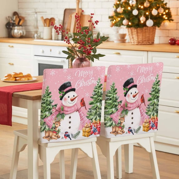 Winter Winter Snowman Chair Covers Set of 6 Merry Christmas Xmas Tree Elk Pink Bottom Chair Back Covers Stretch Removable Washable Slipcovers Protector for Dining Room Kitchen Party Decor
