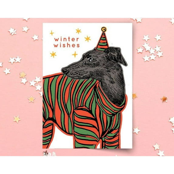 Winter Wishes Card featuring Playful Dog in Striped Sweater – Perfect Holiday Greeting Card for Pet Lovers, Comes with Envelope