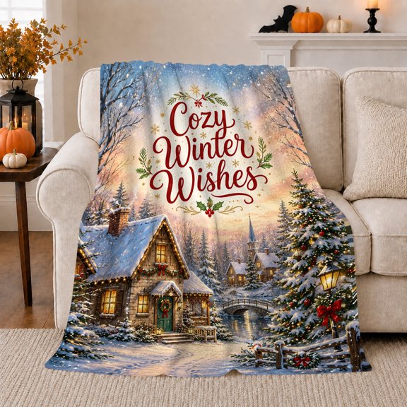 Winter Wishes Festive Village Scene Snowy Cottage Holiday, Festive Holiday Scene, Warm Flannel Blanket for Living Room and Family Room, Art Lovers Mother's Day Gift, Festive Home Decor