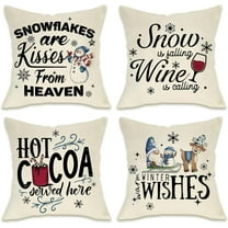 Winter Wishes Gnome Snowman Decorative Pillow Covers 18 x 18 Set of 4, Snowflakes are Kisses from Heaven Blue Christmas Throw Pillowcase, Hot Cocoa Farmhouse Cushion Case for Home Decor