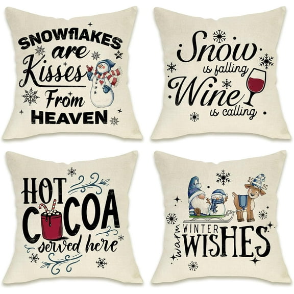 Winter Wishes Gnome Snowman Decorative Pillow Covers 18 x 18 Set of 4, Snowflakes are Kisses from Heaven Blue Christmas Throw Pillowcase, Hot Cocoa Farmhouse Cushion Case for Home Decor