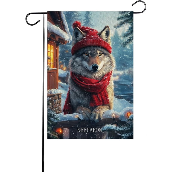Winter Wolf Garden Flag 12x18 Vertical Double Sided Farmhouse Snow Christmas Holiday Outside Decorations Burlap Yard Flag Wolf Flag (9757)