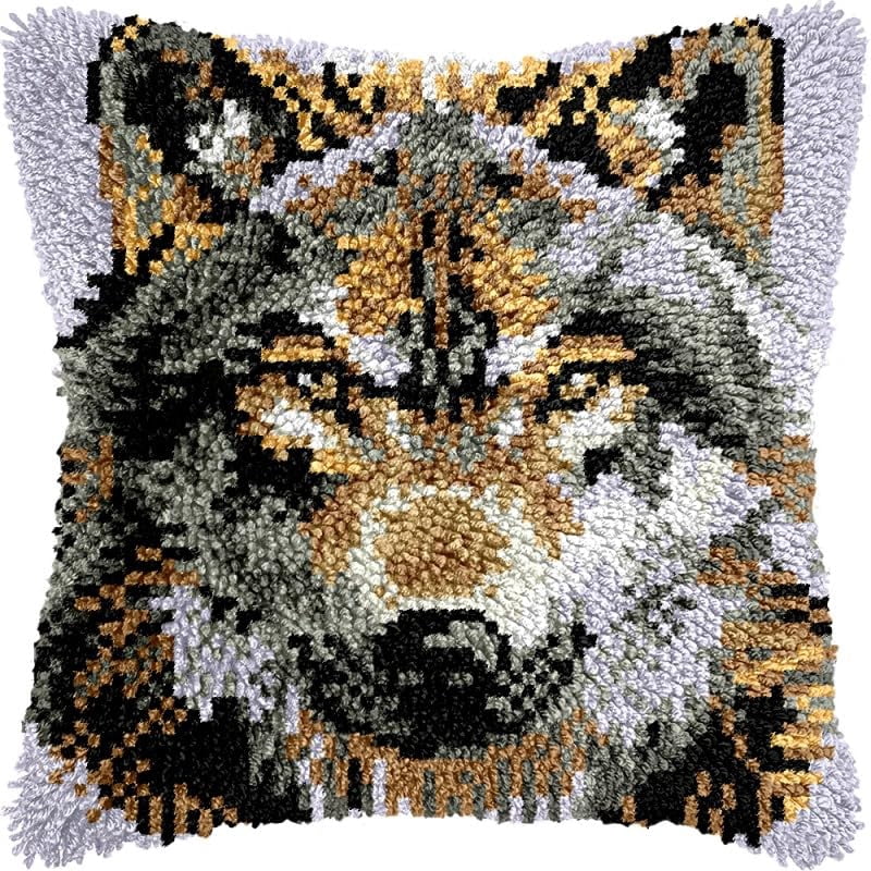 Winter Wolf Latch Hook Pillow Kits Pillow Cover Pattern Printed Canvas Crochet Knitted Hooking Pillowcase Cushion Crafts Embroidery Latch Hooking Crochet Kits Set 17x17 inch(82)