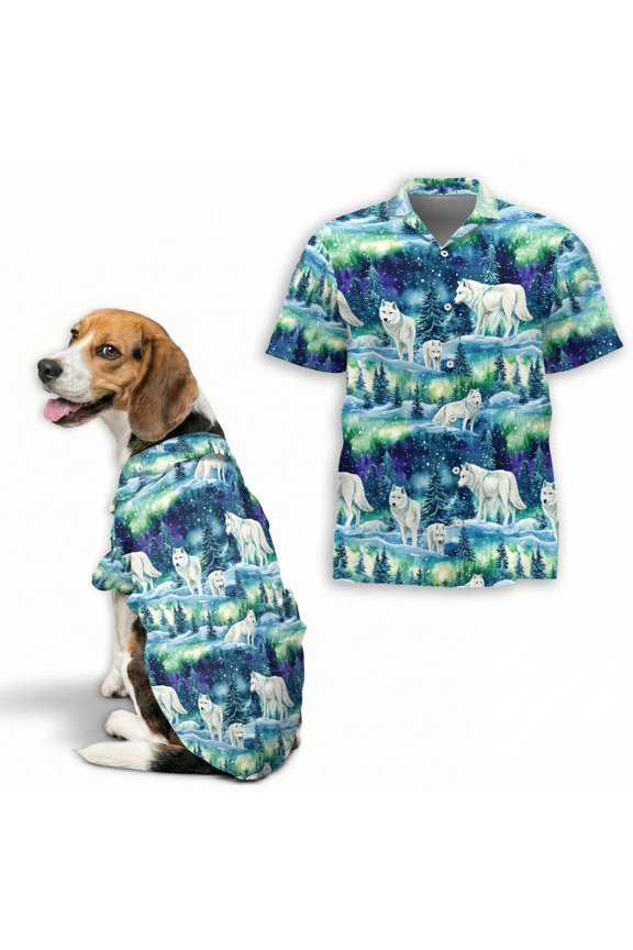 Winter Wolf Northern Lights Hawaiian Shirt, Button Down Shirt for Adults or Dogs, Cuban Collar, Short Sleeve Polyester Summer Shirt