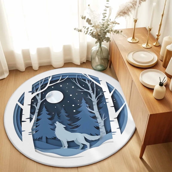 Winter Wolves Blue Pine Tree Forest Round Rug 3ft Winter Snowflakes Washable Area Rugs for Living Room Bedroom Entryway Non Slip Entrance Door Mat Indoor Floor Carpet