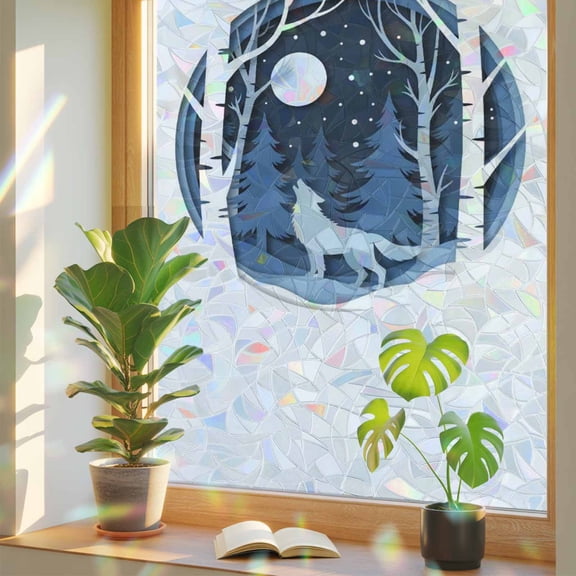 Winter Wolves Blue Pine Tree Forest Window Privacy Film, Rainbow Film Decorative Window Sticker 17.7x39.3in, Winter Snowflakes Sun Blocking Static Stained Glass Cling Tint Non-Adhesive