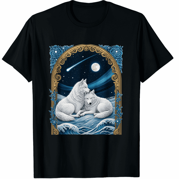 Winter Wolves Peaceful Snowscape Portrait Art Noveau T-Shirt for Men Women