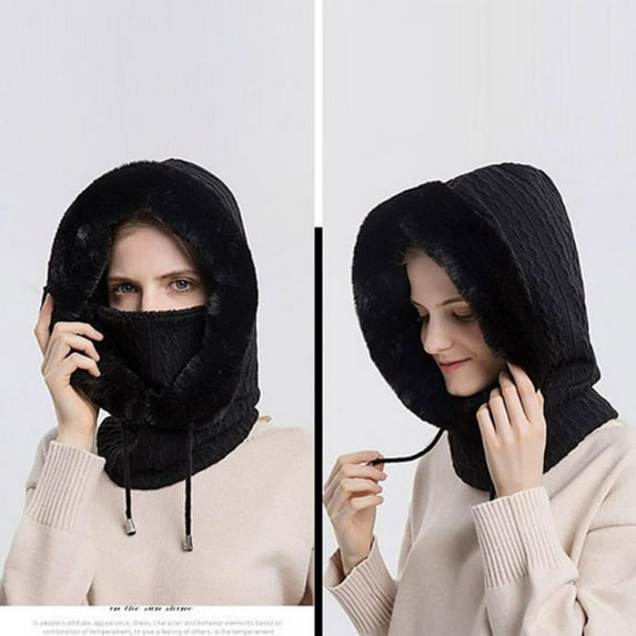 Winter Women 3in1 Knitted Ski Hat With Scarf Neck Warmer Fleece Lined Hood Face Mask Adult Balaclava For Outdoor Sports