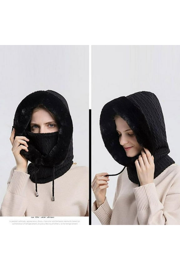Winter Women 3in1 Knitted Ski Hat With Scarf Neck Warmer Fleece Lined Hood Face Mask Adult Balaclava For Outdoor Sports