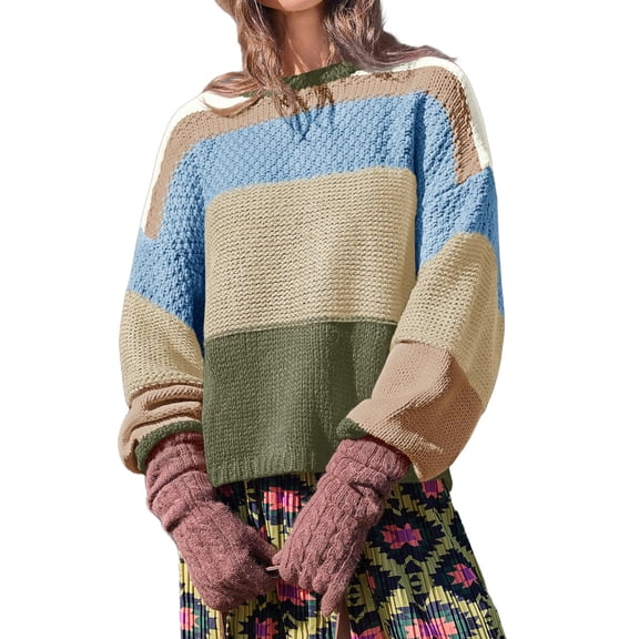 Winter Women Color Block Cropped Sweaters Casual Oversized Striped Pullover Tops