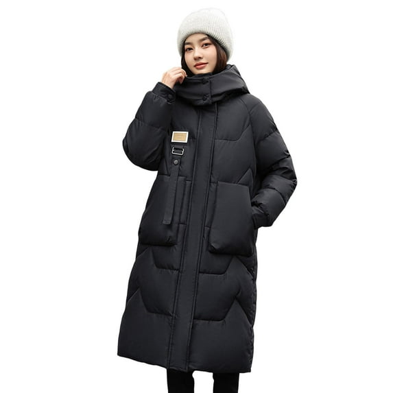 Winter Women Cotton Jacket Detachable Hood Neck Long Sleeves Pockets Knee Length Zipper Closure Padded Coat Solid Color Windproof Outwear Parka