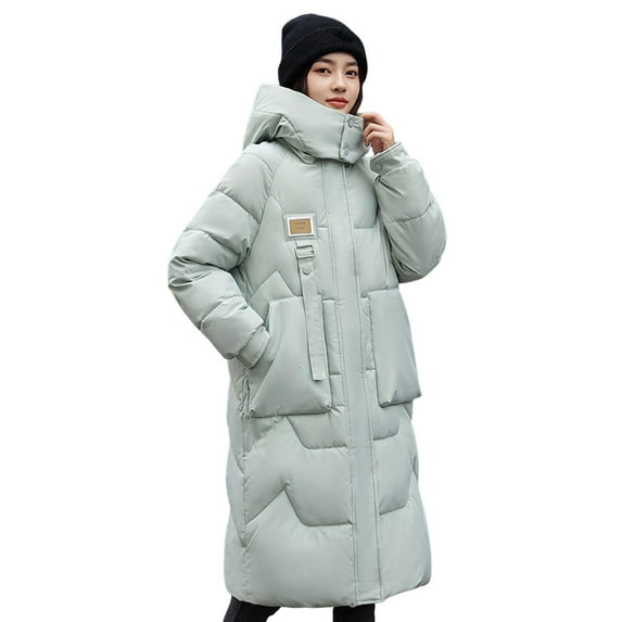 Winter Women Cotton Jacket Detachable Hood Neck Protection Long Sleeves Pockets Knee Length Zipper Closure Padded Coat Solid Color Windproof Outwear Parka