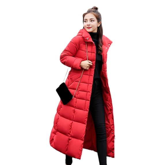 Winter Women Cotton Jacket Detachable Hood Neck Protection Long Sleeves Pockets Knee Length Zipper Closure Padded Coat Solid Color Windproof Outwear Parka