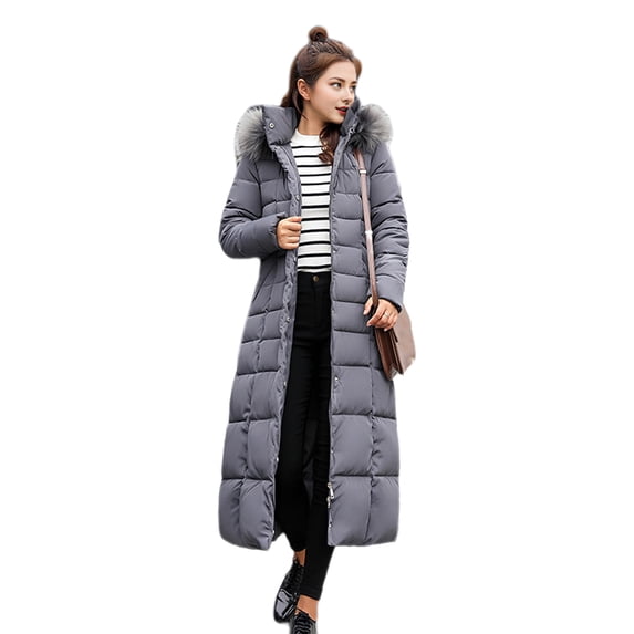 Winter Women Cotton Jacket Detachable Hood Neck Protection Long Sleeves Pockets Knee Length Zipper Closure Padded Coat Solid Color Windproof Outwear Parka