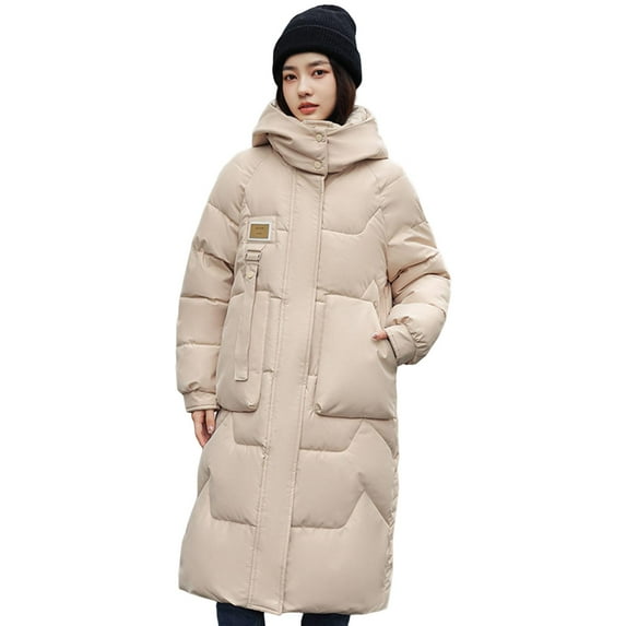 Winter Women Cotton Jacket Detachable Hood Neck Protection Long Sleeves Pockets Knee Length Zipper Closure Padded Coat Solid Color Windproof Outwear Parka