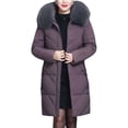 thumbnail image 1 of Winter Women Cotton Jacket with Furry Hood Neck Protection Plus Size Pockets Mid Length Zipper Closure Padded Coat Solid Color Windproof Outwear Parka, 1 of 8