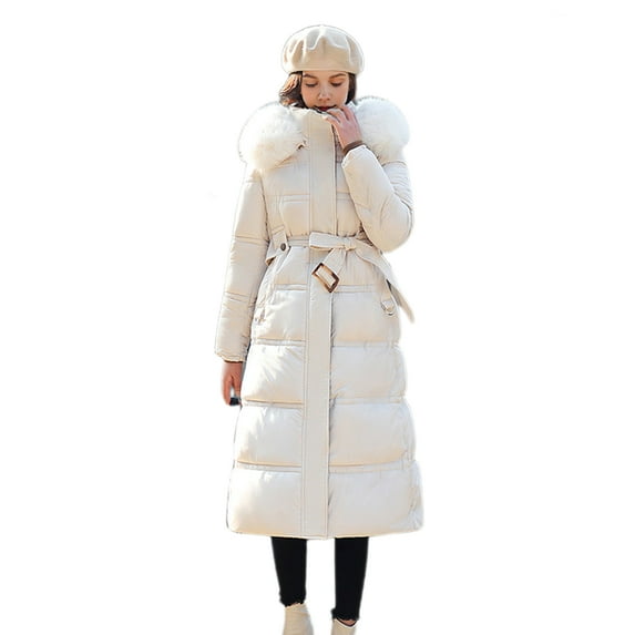 Winter Women Cotton Jacket with Hood Neck Long Sleeves Pockets Mid calf Length Zipper Closure Padded Coat Solid Color Windproof Outwear Parka