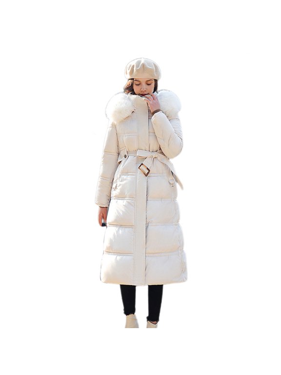 Winter Women Cotton Jacket with Hood Neck Protection Long Sleeves Pockets Mid-calf Length Zipper Closure Padded Coat Solid Color Windproof Outwear Parka