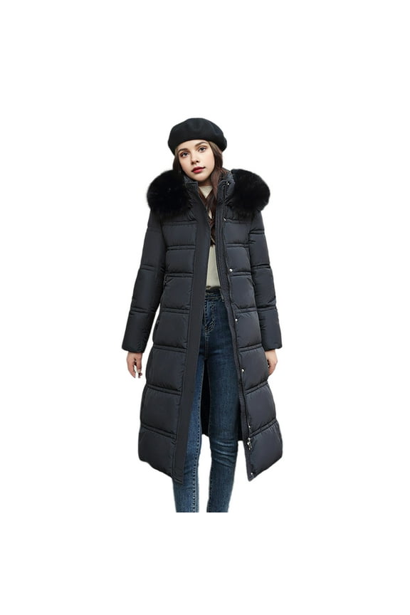 Winter Women Cotton Jacket with Hood Neck Protection Long Sleeves Pockets Mid-calf Length Zipper Closure Padded Coat Solid Color Windproof Outwear Parka