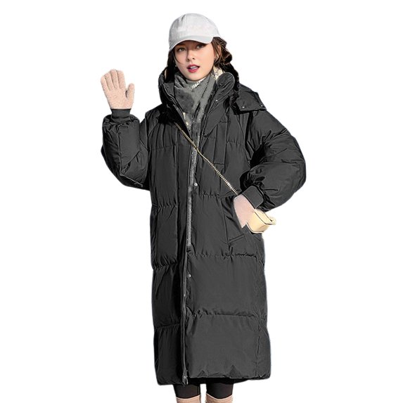 Winter Women Cotton Jacket Hooded Neck Protection Long Sleeves Pockets Zipper Closure Padded Coat Mid Length Solid Color Windproof Outwear