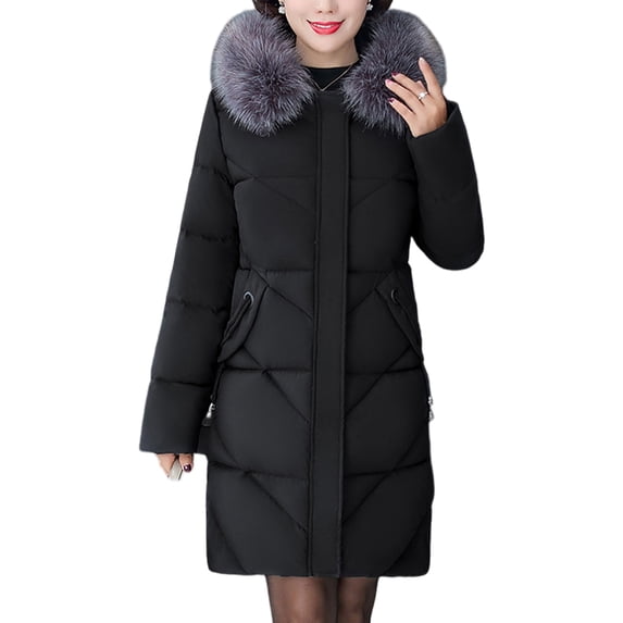 Winter Women Cotton Jacket with Furry Hood Neck Plus Size Pockets Mid Length Zipper Closure Padded Coat Solid Color Windproof Outwear Parka