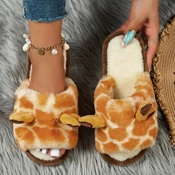 Winter Women Cute Home Plush Slippers Cartoon Giraffes Warm Faux Fur Lining Fluffy Cozy Flat Non Slip Sole Ladies Shoes (giraffes,38-39)