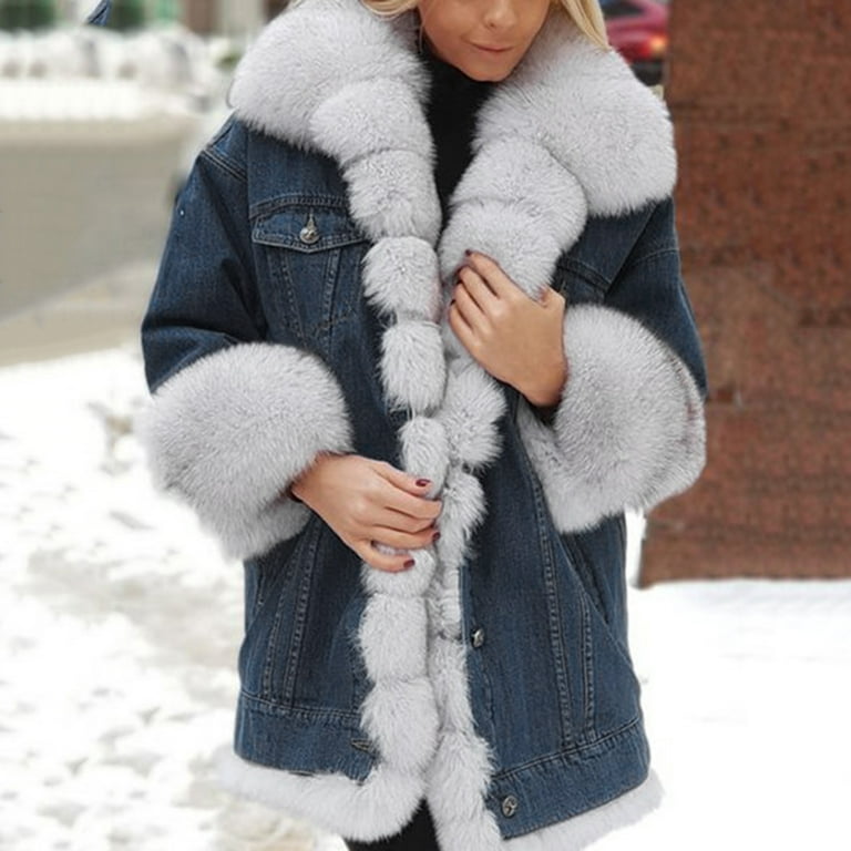 Winter Women Denim Jacket Faux Fur Trim Long Sleeves Color