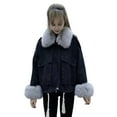 thumbnail image 1 of Winter Women Denim Jacket Faux Fur Trim Long Sleeves Thick Plush Lined Pockets Cold-proof Mid Length Windproof Outdoor Warm Coat, 1 of 8