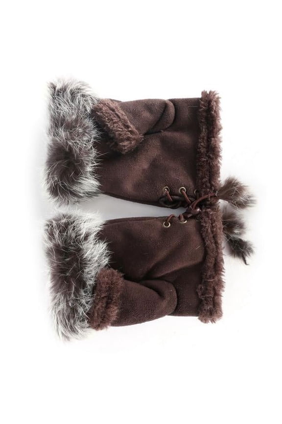 Winter Women Fashion Faux Rabbit Fur Leather Fingerless Suede Mittens Warm Wrist Leather Suede Gloves