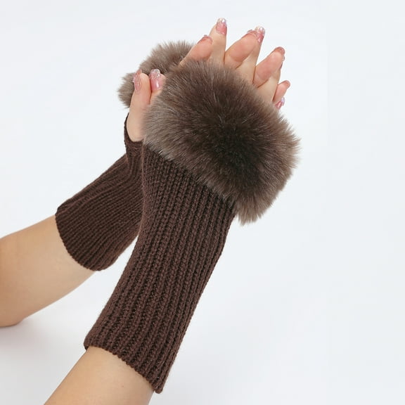 Winter Women Fingerless Gloves, Knitted Arm Warmers Hand Mittens, ThumbHole Faux Fur Wrist Short Cuff for Women