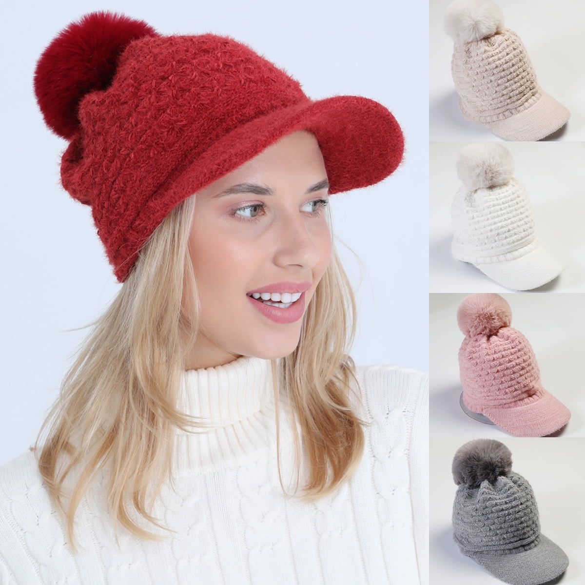 Winter Women Girls Knitted Hats Warm Knit Snow Ski Visor Beanie