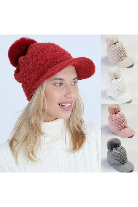 Winter Women Girls Knitted Hats Warm Knit Snow Ski Visor Beanie Skull Cap with Faux Fur Pom Pom Ball