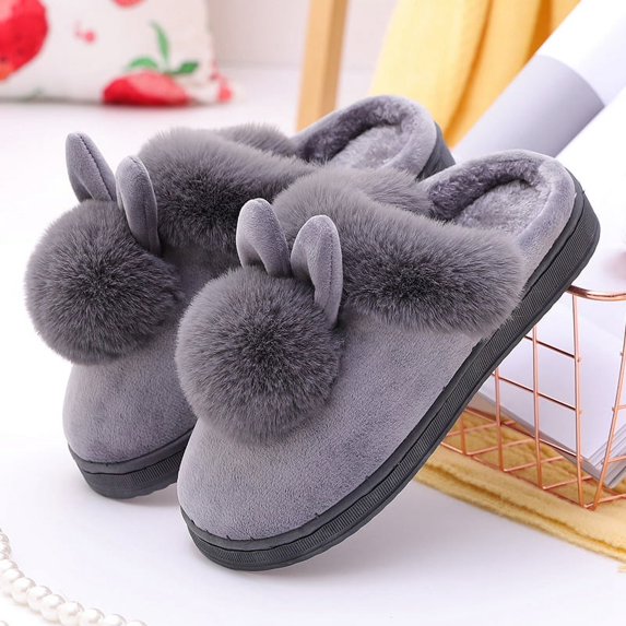 Winter Women Home Slippers Non-Slip Soft Warm House Shoes Ladies Indoor Bedroom Slipper Cartoon Cute Rabbit Floor Slides (gray,36-37)